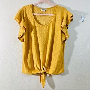 Kim & Cami Women Ruffle Sleeve Tie Front Blouse Size XL Mustard Yellow Casual